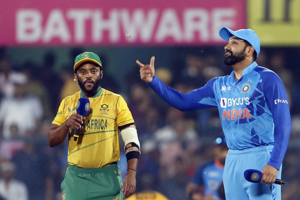Guwahati, Oct 02 (ANI): India's captain Rohit Sharma and South Africa's Temba Bavuma during the toss ahead of the 2nd T20I match at Barsapara Cricket Stadium, in Guwahati on Sunday. (ANI Photo)