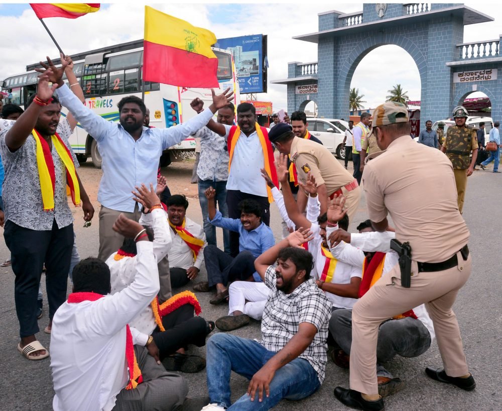 Bengaluru, Sep 29 (ANI): Police personnel detain Kannada activists during a protest against the State and Central Government over the release of Cauvery River water to Tamil Nadu, in Bengaluru on Friday. (ANI Photo)