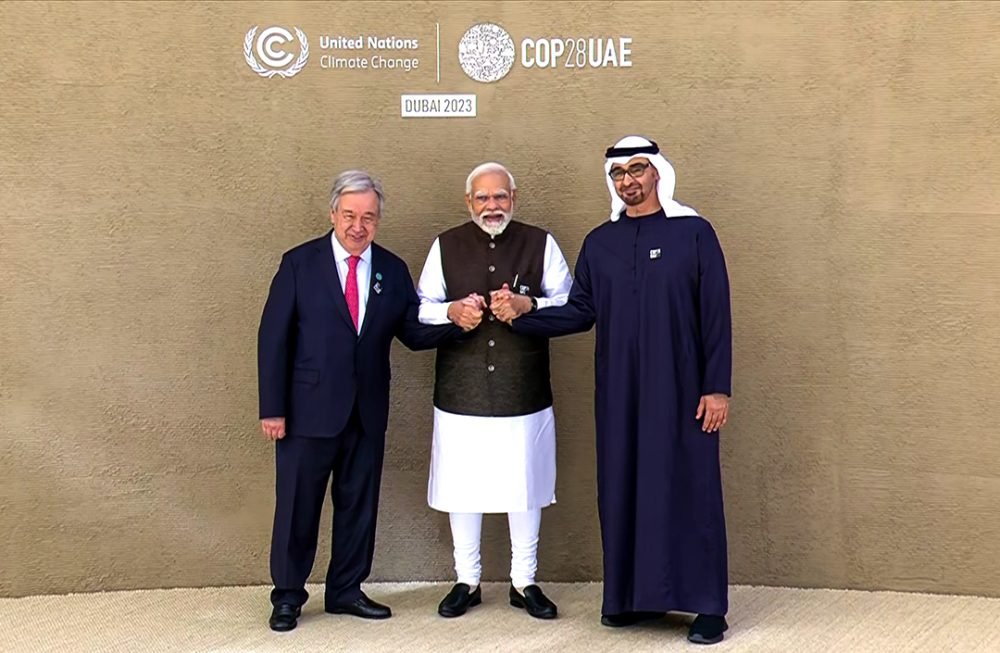 Dubai, Dec 1 (ANI): Prime Minister Narendra Modi poses for a photo with United Arab Emirates (UAE) President Sheikh Mohammed bin Zayed Al Nahyan and UN Secretary-General Antonio Guterres on his arrival at the venue of the annual Conference of Parties to the UN Framework Convention on Climate Change (COP 28) Leadership Pavilion, in Dubai on Friday. (ANI Photo)