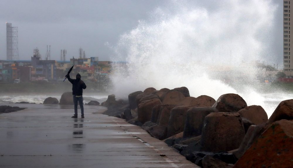 Chennai, Dec 03 (ANI): Tidal waves hit the coast under the influence of the 'Severe' Cyclone Michaung, at the Kasimedu fishing harbour, in Chennai on Sunday. (ANI Photo)