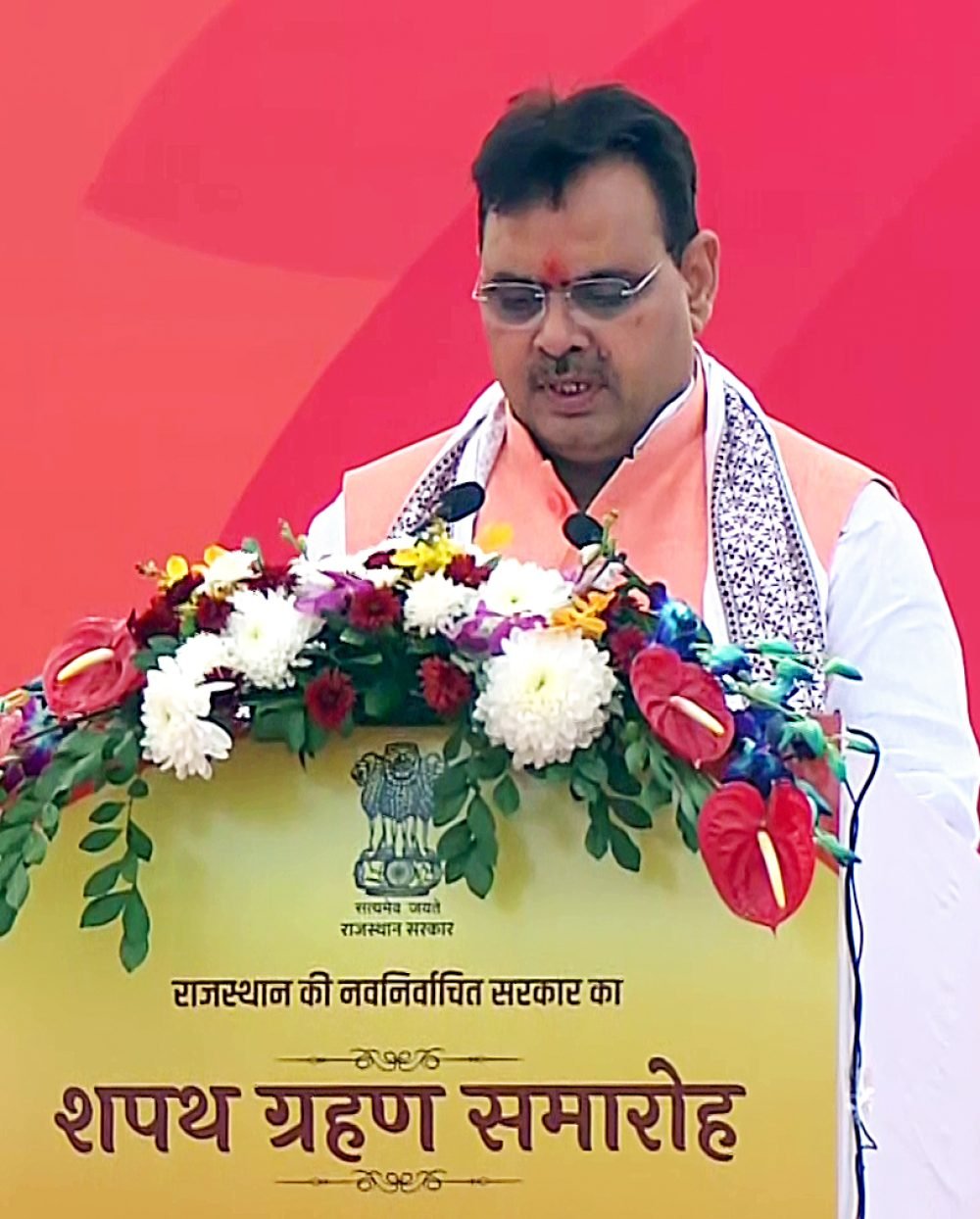 Jaipur, Dec 15 (ANI): Bharatiya Janata Party (BJP) leader Bhajanlal Sharma takes oath as the Chief Minister of Rajasthan during the swearing-in ceremony, in Jaipur on Friday. (ANI Photo)