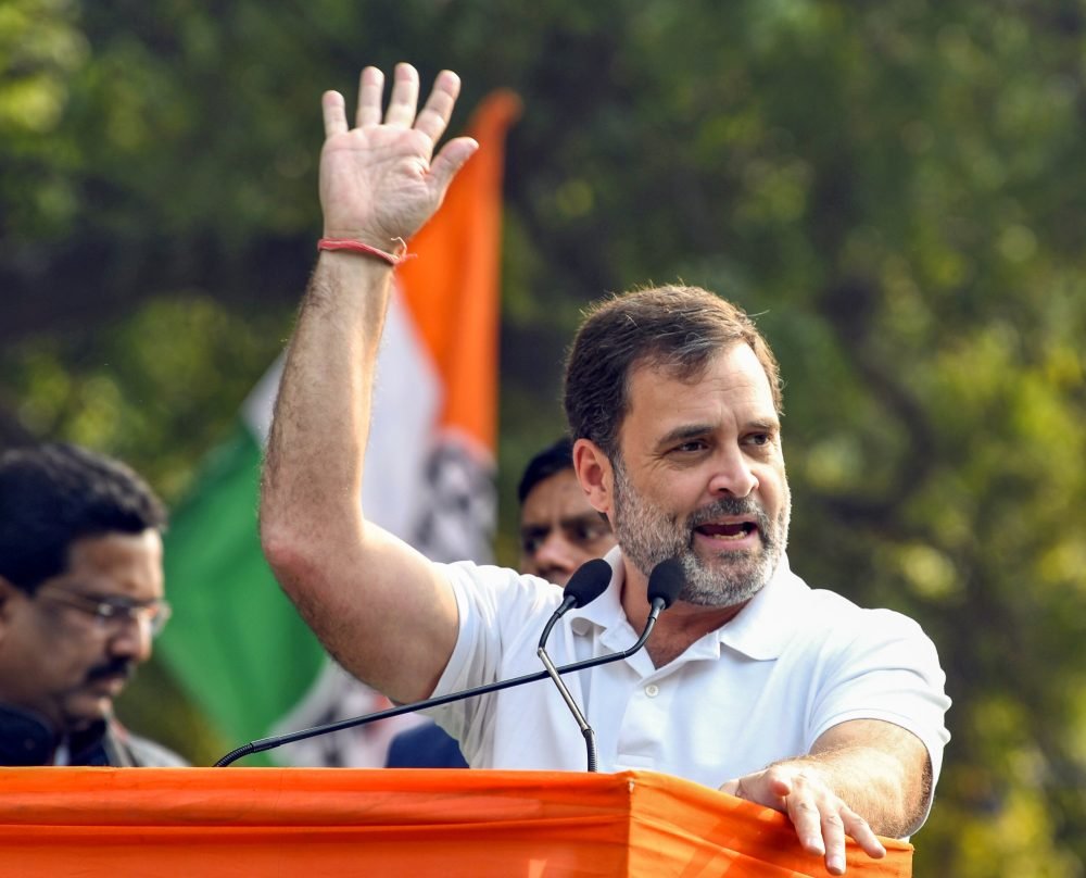 New Delhi, Dec 22 (ANI): Congress leader Rahul Gandhi addresses a gathering during a protest against the suspension of 146 Opposition MPs from the Parliament's Winter Session, in New Delhi on Friday. (ANI Photo/Ishant)