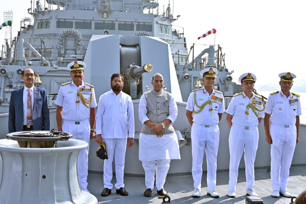 Mumbai, Dec 26 (ANI): Union Defence Minister Rajnath Singh, Maharashtra CM Eknath Shinde and Navy Chief Admiral R Hari Kumar during the Commissioning Ceremony of Indian Navy’s latest Stealth Guided Missile Destroyer ‘INS Imphal’, at the Naval Dockyard in Mumbai on Tuesday. (ANI Photo)