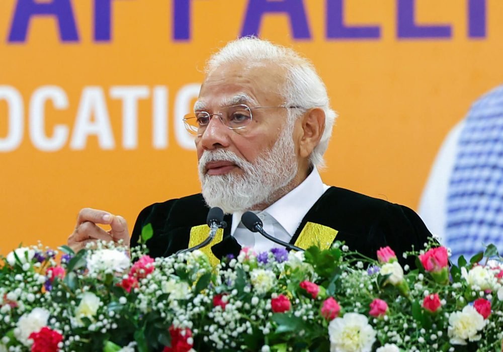 Tiruchirappalli, Jan 02 (ANI): Prime Minister Narendra Modi addresses during the 38th Convocation Ceremony of Bharathidasan University in Tiruchirappalli on Tuesday. (ANI Photo)