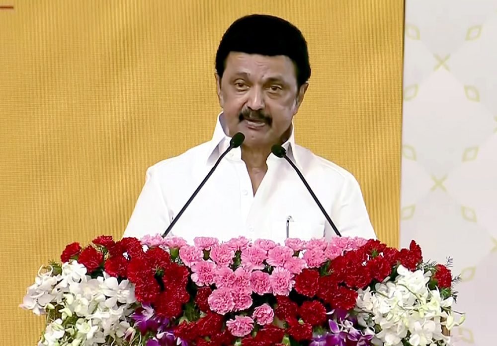 Tiruchirappalli, Jan 02 (ANI): Tamil Nadu Chief Minister MK Stalin addresses during the inauguration and foundation stone-laying event of multiple development projects worth more than Rs 20,000 crore in Tiruchirappalli on Tuesday. (ANI Photo)