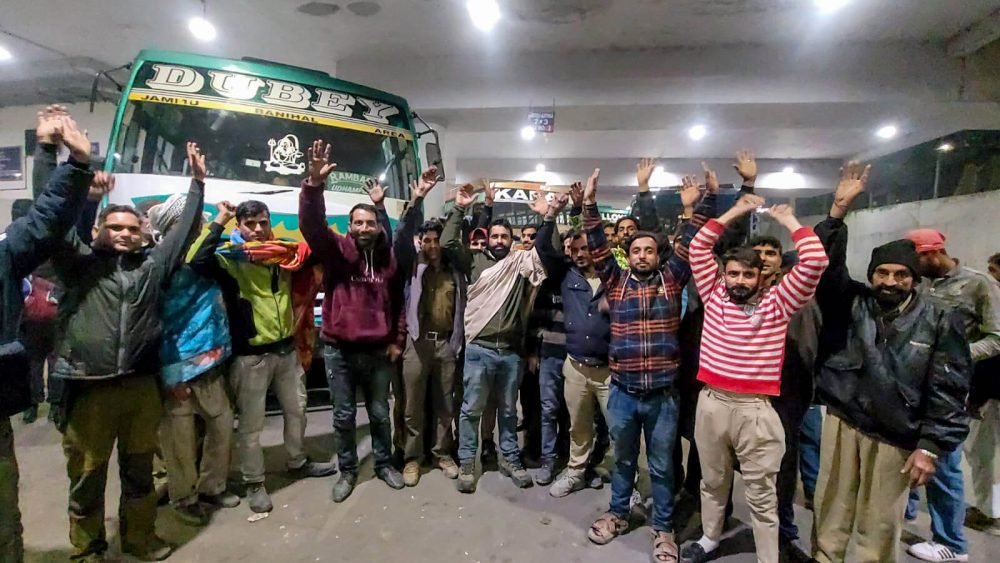 Jammu, Jan 02 (ANI): Banihal-Jammu route bus transport drivers protest against the new 'hit-and-run' law, in Jammu on Monday. (ANI Photo)