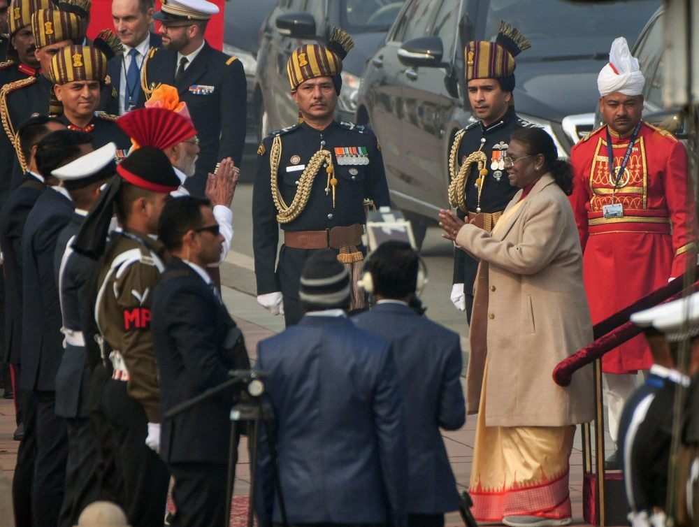 New Delhi, Jan 26 (ANI): Prime Minister Narendra Modi receives President Droupadi Murmu on her arrival before taking part in the 75th Republic Day celebrations, at the Kartavya Path in New Delhi on Friday. (ANI Photo/Rahul Singh)