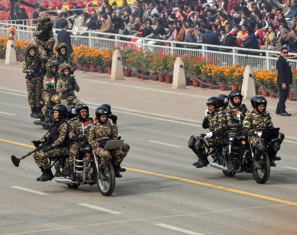 New Delhi, Jan 26 (ANI): Sashastra Seema Bal Women bikers during the 75th Republic Day celebrations, at the Kartavya Path in New Delhi on Friday. (ANI Photo/Rahul Singh)