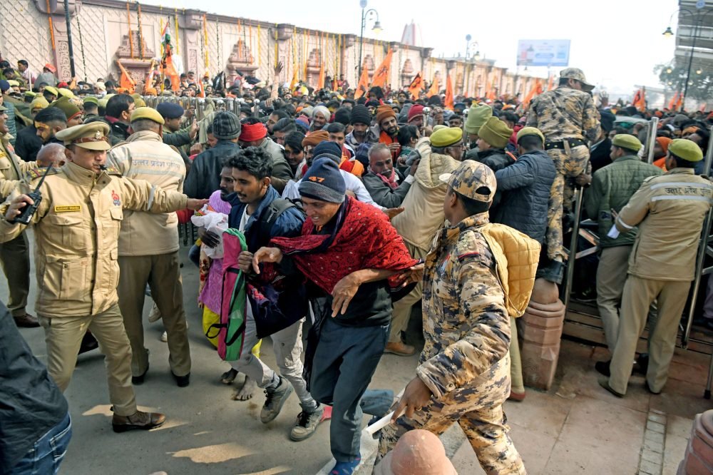 Ayodhya, Jan 23 (ANI): Devotees in massive numbers arrive at the Shri Ram Janmabhoomi Temple to offer prayers, in Ayodhya on Tuesday. The Pran Pratishtha ceremony was done yesterday at Shri Ram Janmabhoomi Temple. (ANI Photo/Shrikant Singh)