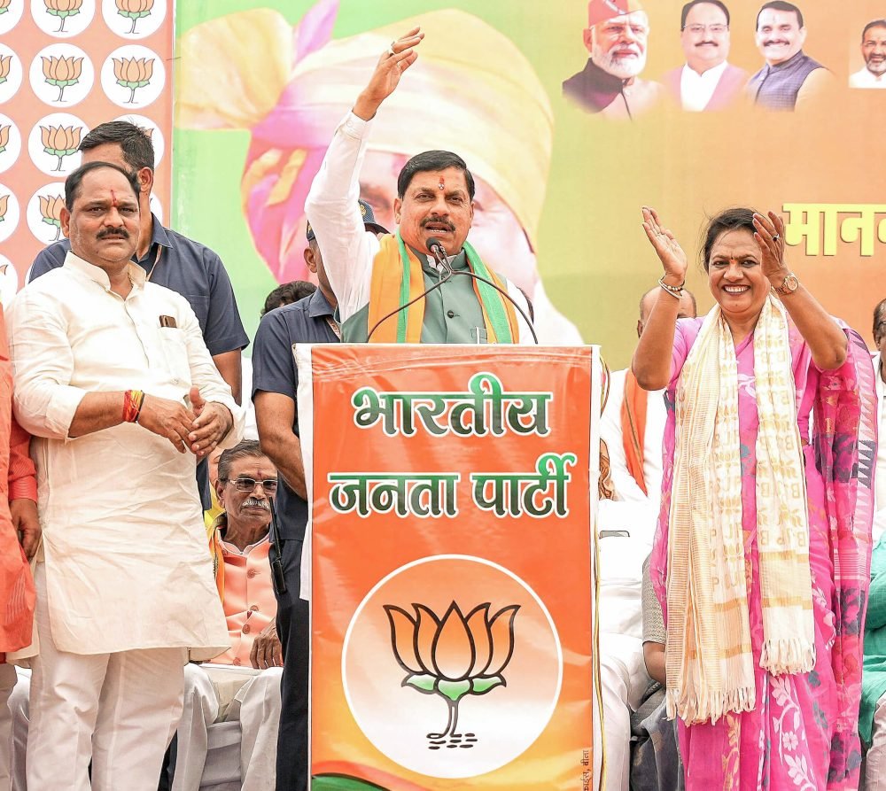 Sagar, May 01 (ANI): Madhya Pradesh Chief Minister Mohan Yadav addresses the public rally in support of Bharatiya Janata Party (BJP) candidate  Lata Wankhede for the Lok Sabha Polls, at  Bina, in Sagar on Wednesday. (ANI Photo)